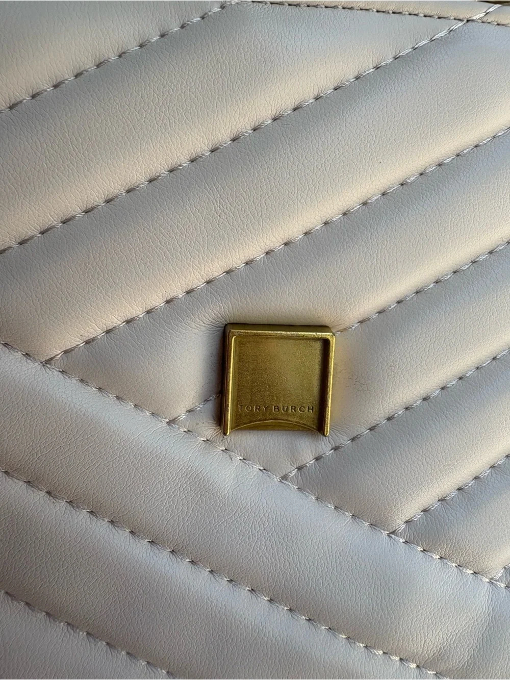 Tory Burch Cream Chevron Quilted Top-Handle Satchel with Gold Hardware